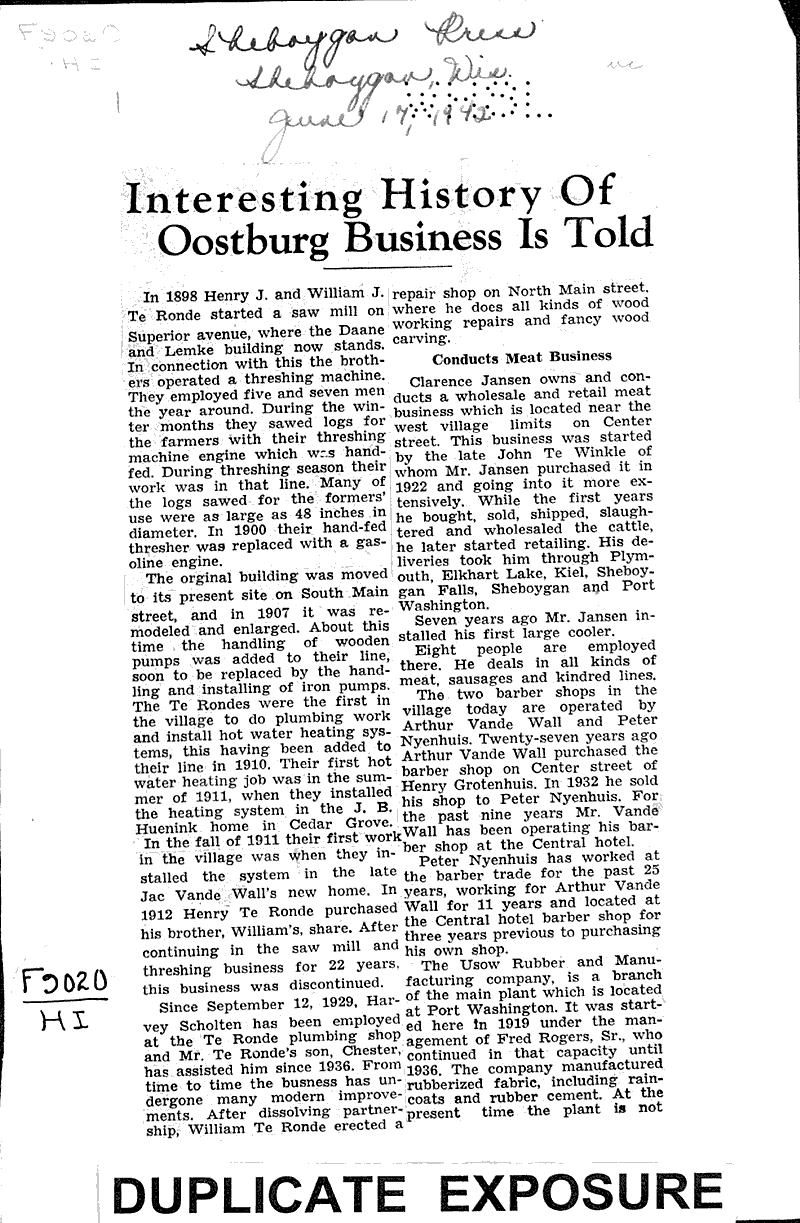 Interesting history of Oostburg business it told Newspaper Article
