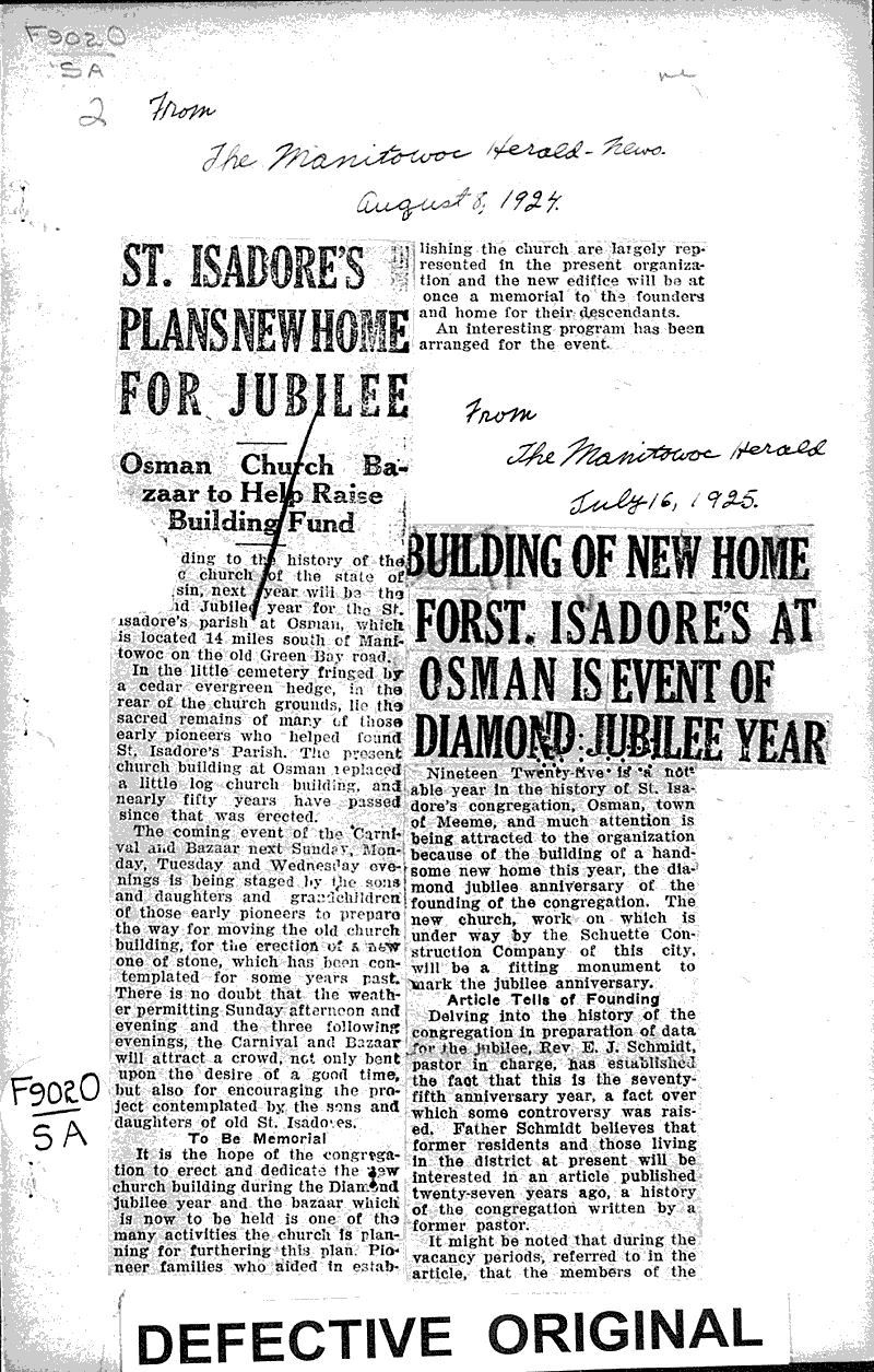  Source: Manitowoc Herald Topics: Church History Date: 1925-07-16