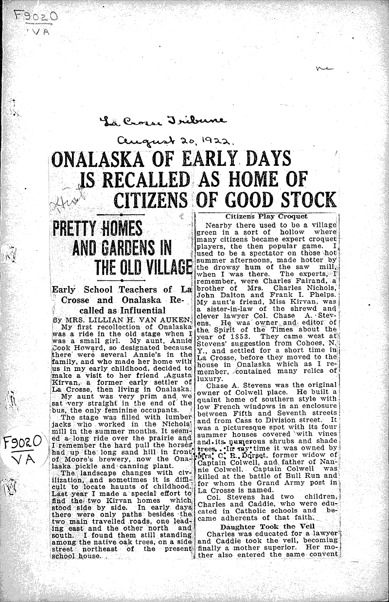 Onalaska of early days is recalled as home of citizens of good stock
