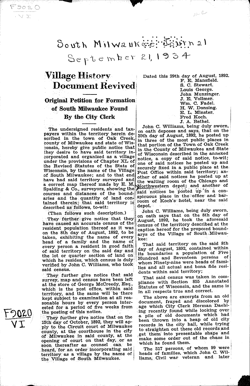  Source: South Milwaukee Journal Topics: Government and Politics Date: 1934-09-21