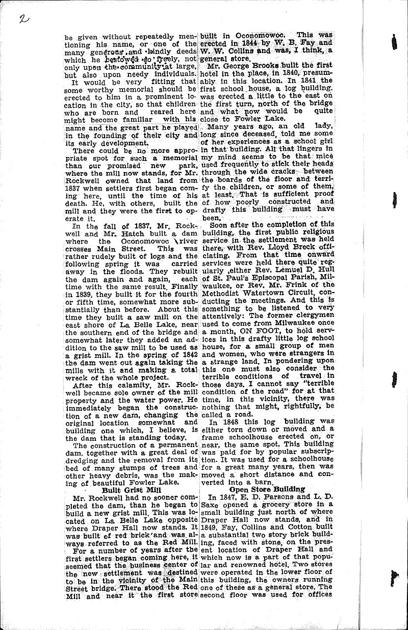 May Woodruff describes early days among oconomowoc's first settlers