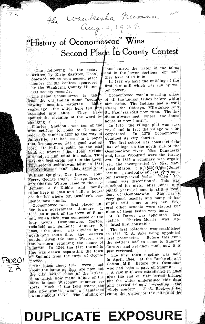 "History of Oconomowoc" wins second place in county contest Newspaper Article/Clipping