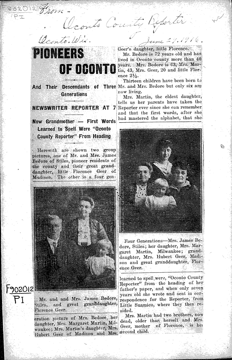Pioneers of Oconto Newspaper Article/Clipping Wisconsin Historical