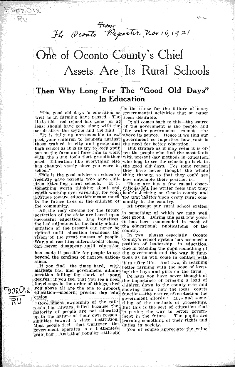 One of Oconto County's chief assets are its rural schools Newspaper