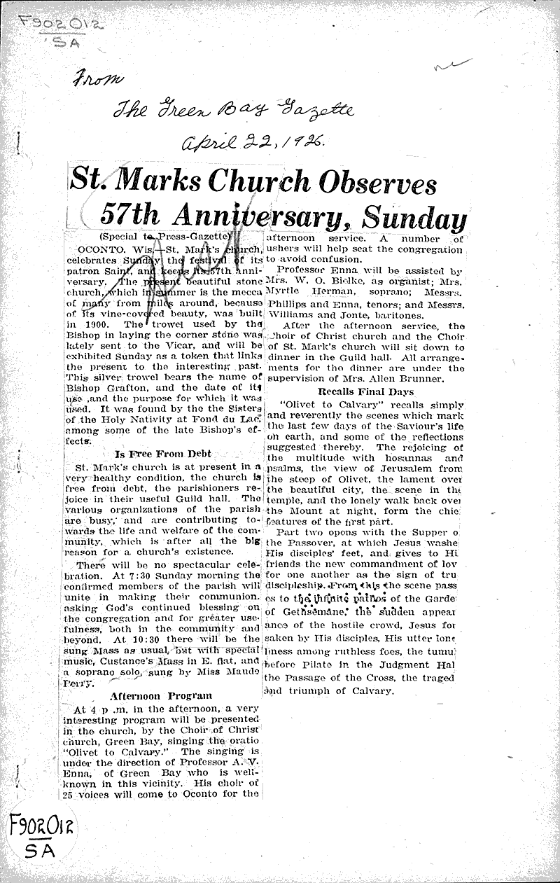  Source: Green Bay Gazette Topics: Church History Date: 1926-04-22
