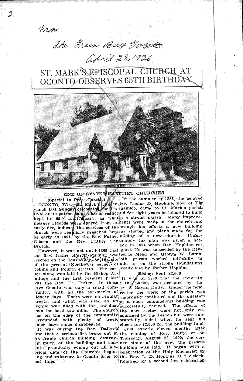  Source: Green Bay Gazette Topics: Church History Date: 1926-04-22