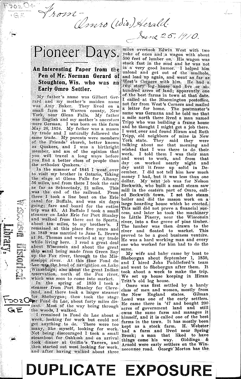 Pioneer days Newspaper Article/Clipping Wisconsin Historical Society