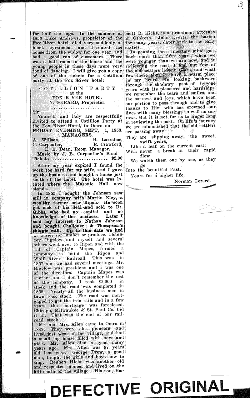 Pioneer days Newspaper Article/Clipping Wisconsin Historical Society