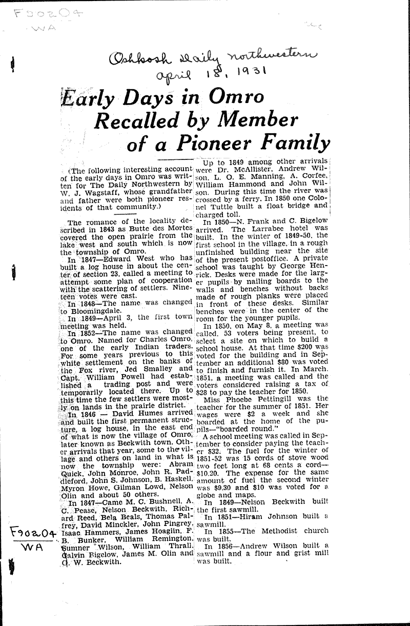 Early days in Omro recalled by member of a pioneer family Newspaper