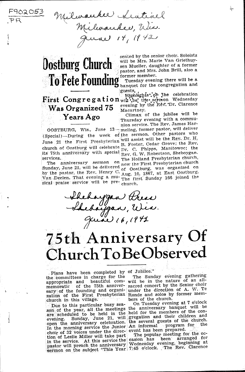 Oostburg church to fete founding Newspaper Article/Clipping