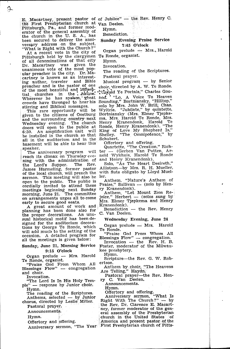 Oostburg church to fete founding Newspaper Article/Clipping