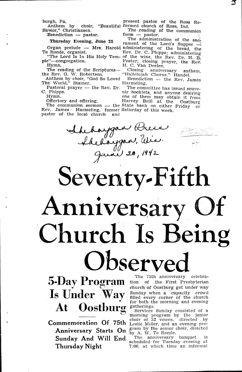 Oostburg church to fete founding Newspaper Article/Clipping