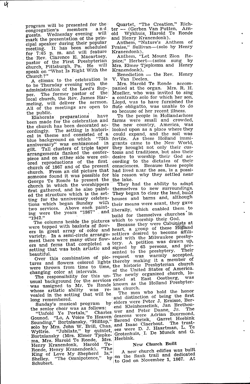 Oostburg church to fete founding Newspaper Article/Clipping