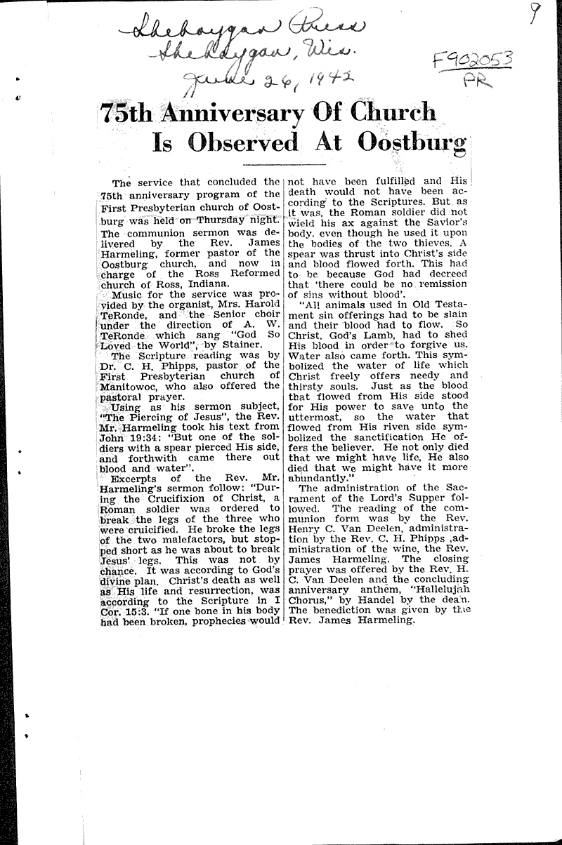 Oostburg church to fete founding Newspaper Article/Clipping