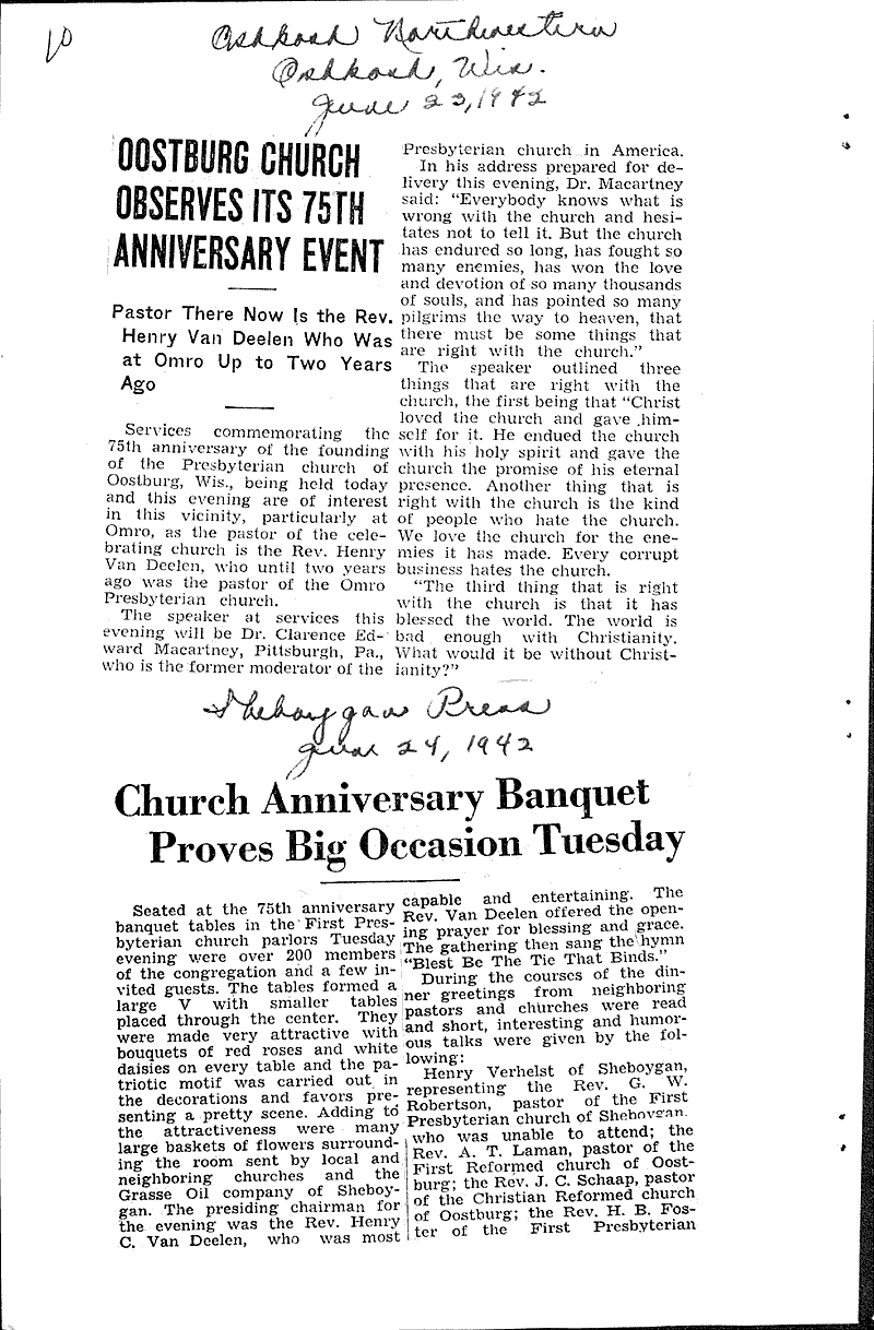 Oostburg church to fete founding Newspaper Article/Clipping
