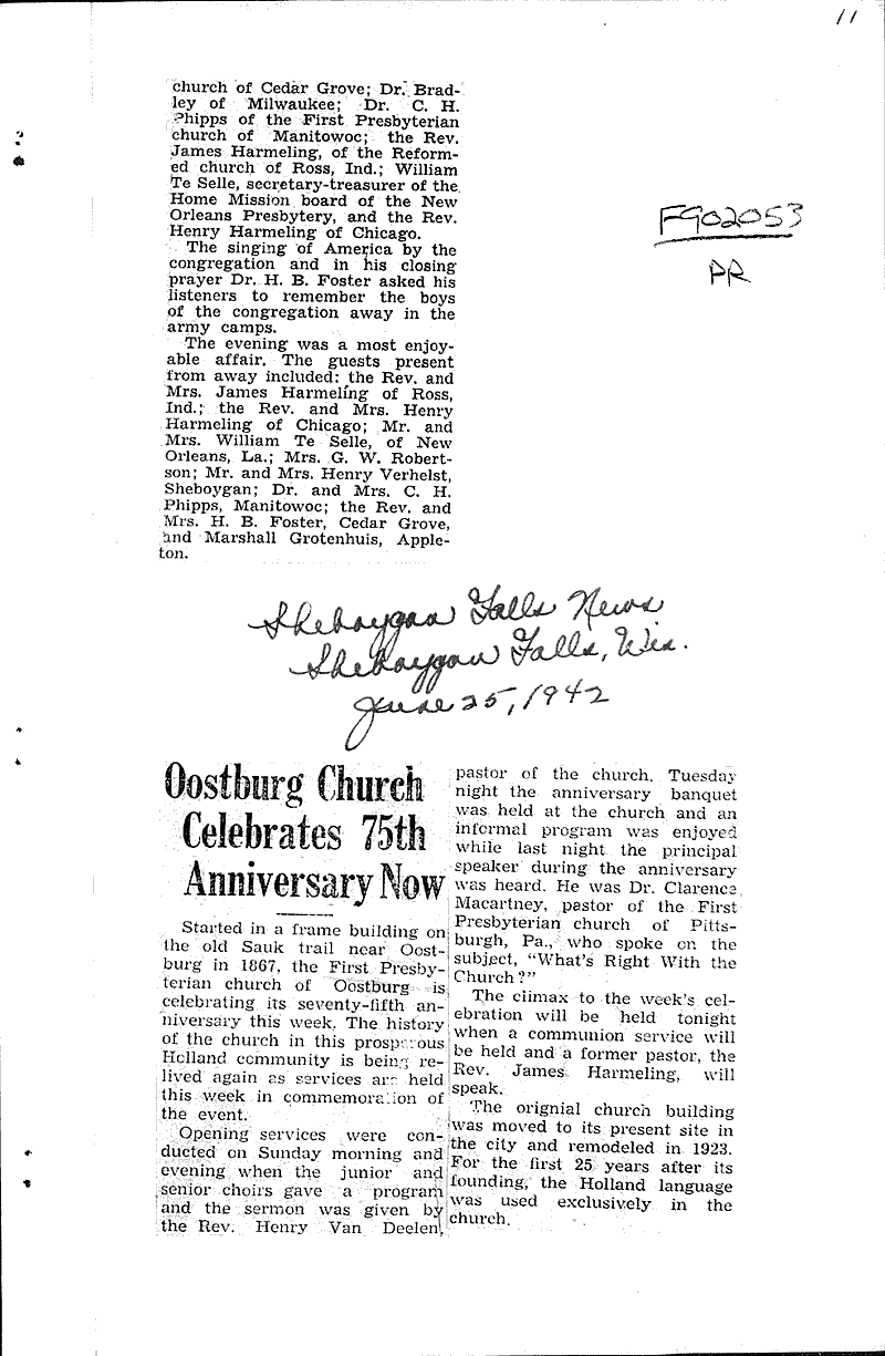 Oostburg church to fete founding Newspaper Article/Clipping