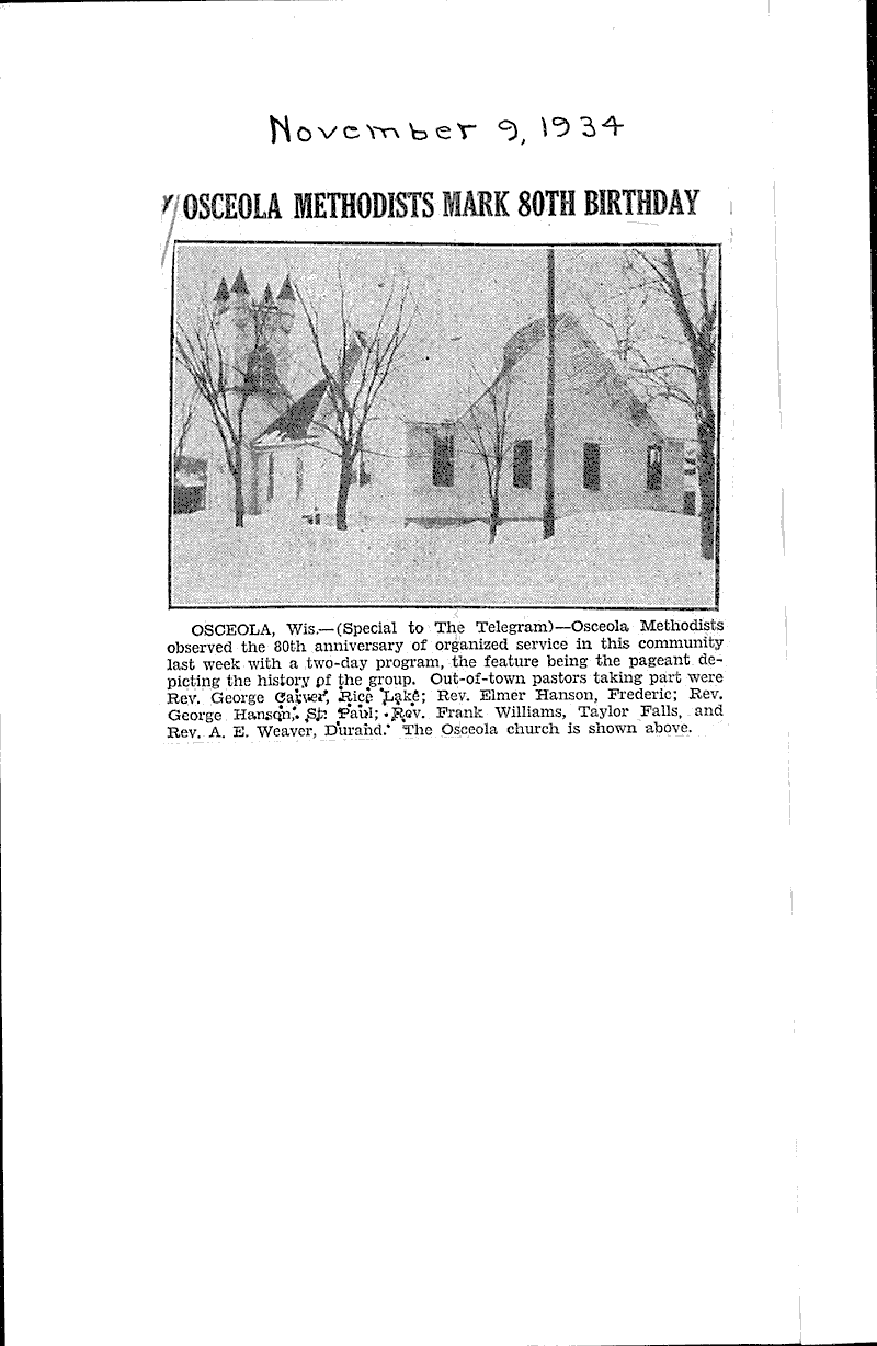 Osceola M. E. followers to mark 80 years Newspaper Article/Clipping