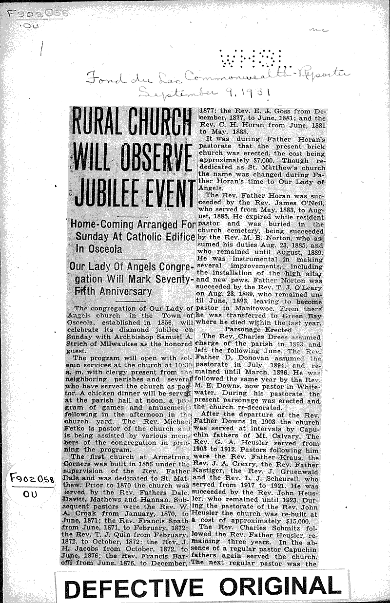  Source: Fond du Lac Commonwealth-Reporter Topics: Church History Date: 1931-09-09