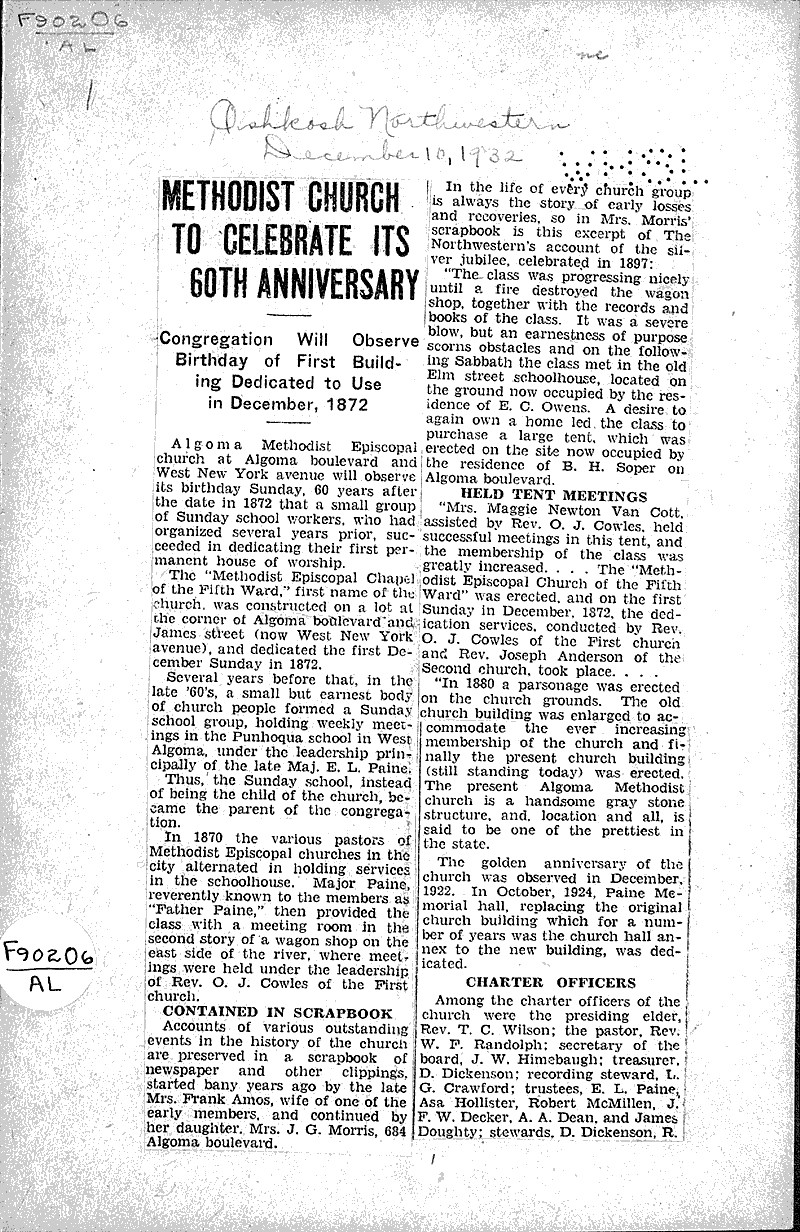  Source: Oshkosh Northwestern Topics: Church History Date: 1932-12-10
