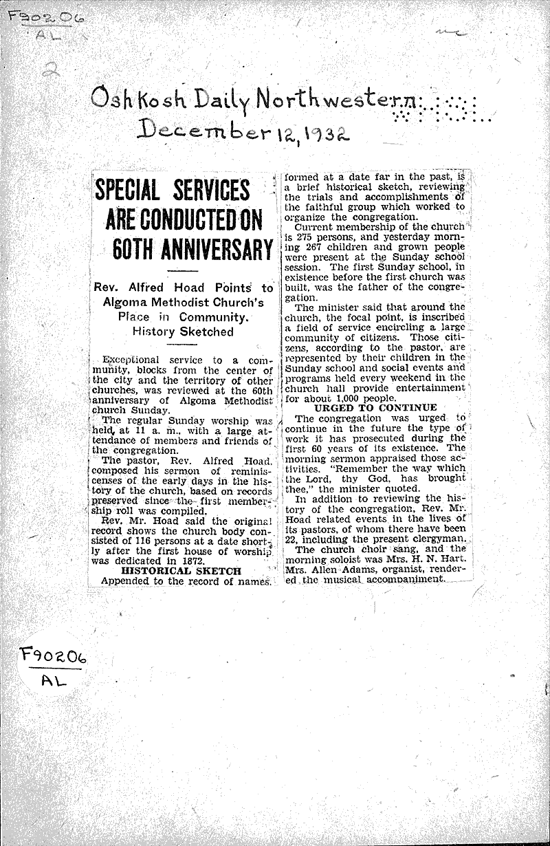  Source: Oshkosh Northwestern Topics: Church History Date: 1932-12-10