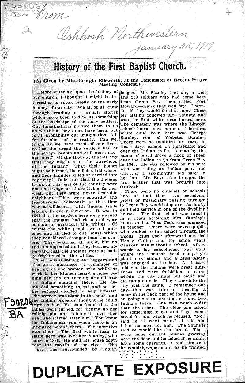  Source: Oshkosh Northwestern Topics: Church History Date: 1919-01-25