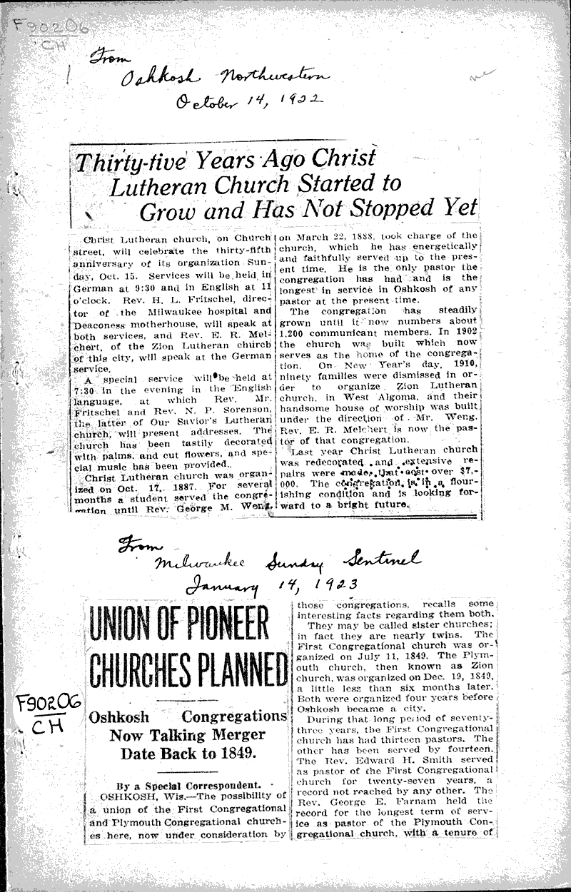  Source: Milwaukee Sunday Journal Topics: Church History Date: 1923-01-14