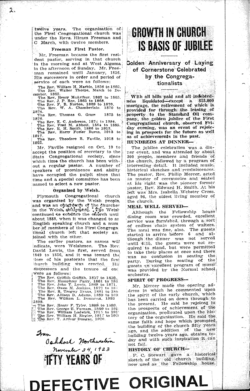  Source: Milwaukee Sunday Journal Topics: Church History Date: 1923-01-14