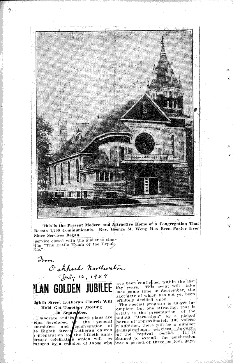  Source: Milwaukee Sunday Journal Topics: Church History Date: 1923-01-14