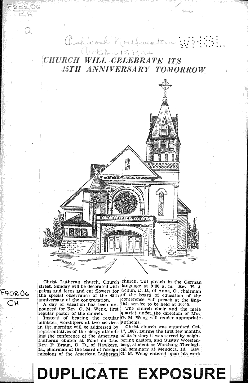  Source: Oshkosh Northwestern Topics: Church History Date: 1932-10-15