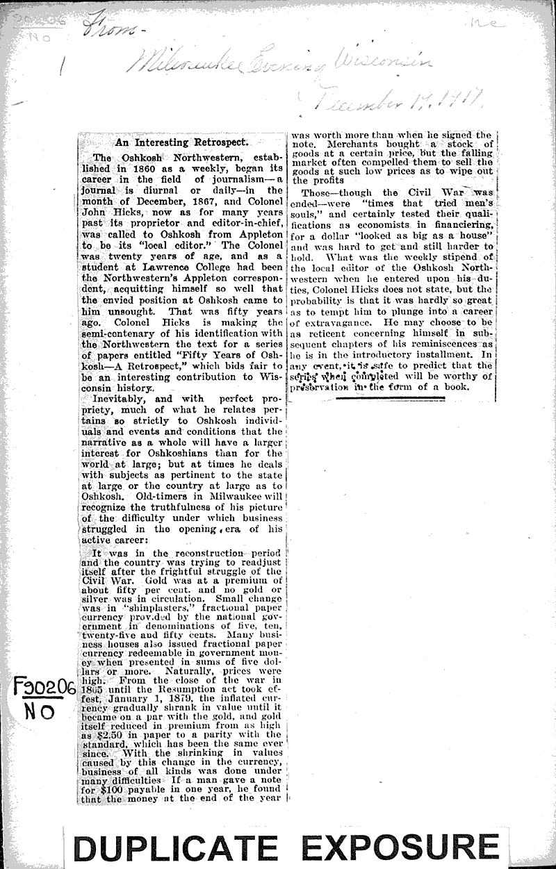  Source: Milwaukee Evening Wisconsin Topics: Civil War Date: 1917-12-17