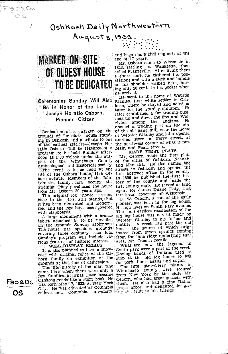  Source: Oshkosh Daily Northwestern Topics: Architecture Date: 1933-08-08