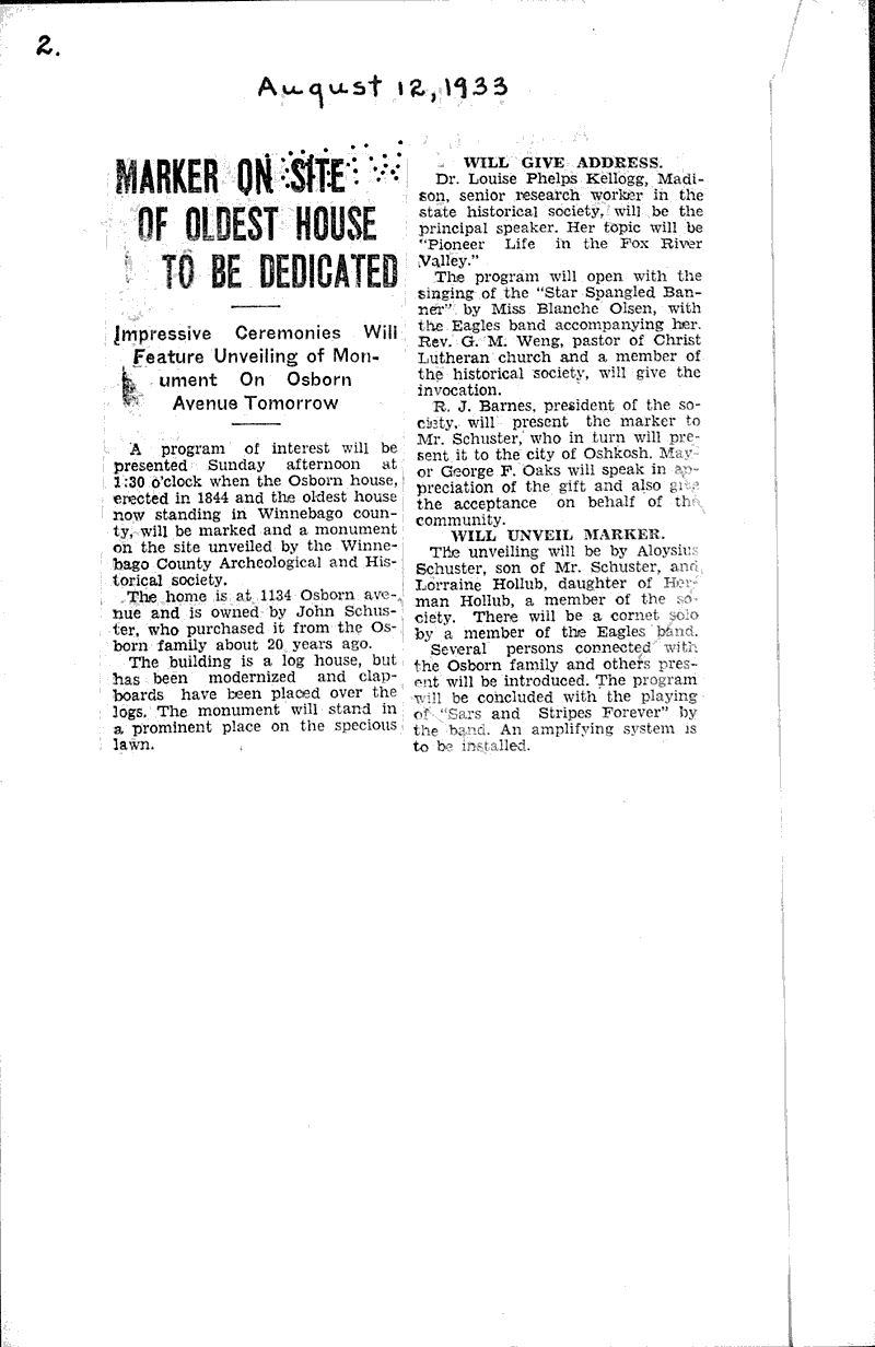  Source: Oshkosh Daily Northwestern Topics: Architecture Date: 1933-08-08