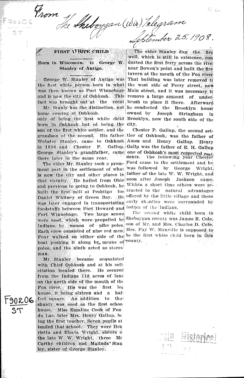 First white child born in Wisconsin is W. Stanley of Antigo