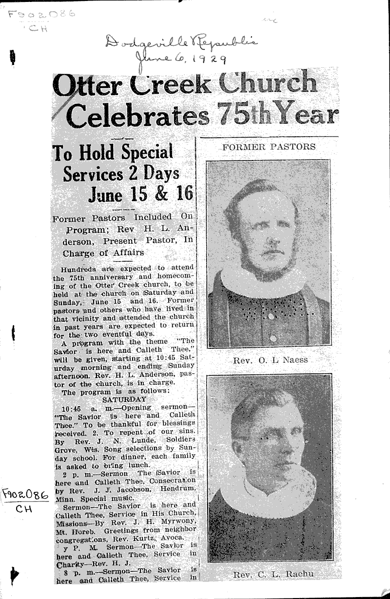  Source: Dodgeville Sun-Republic Topics: Church History Date: 1929-06-16