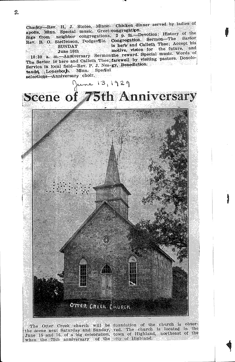 Otter Creek church celebrates 75th year Newspaper Article/Clipping