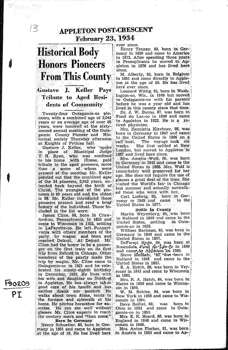 Historical body honors Pioneers from this county Newspaper Article