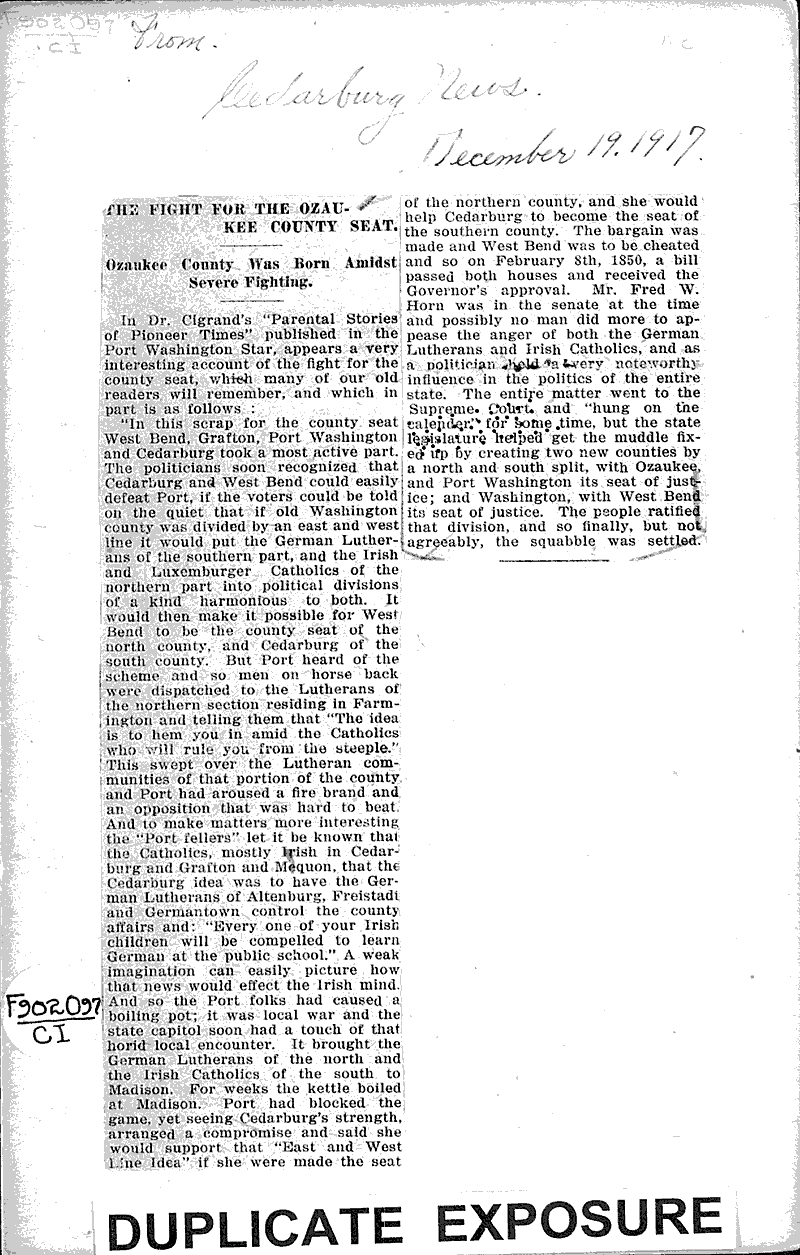 The figth for the Ozaukee county seat Newspaper Article/Clipping