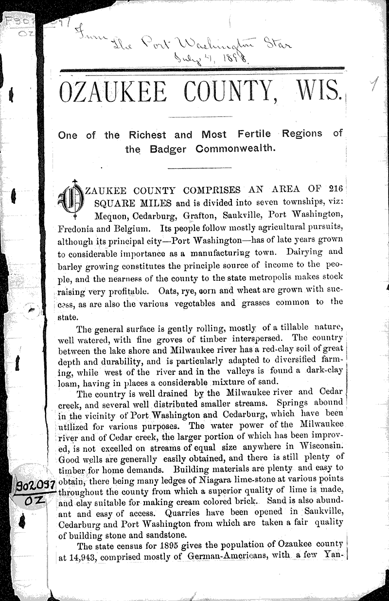 Ozaukee County, Wis. One of the richest and most fertile regions of