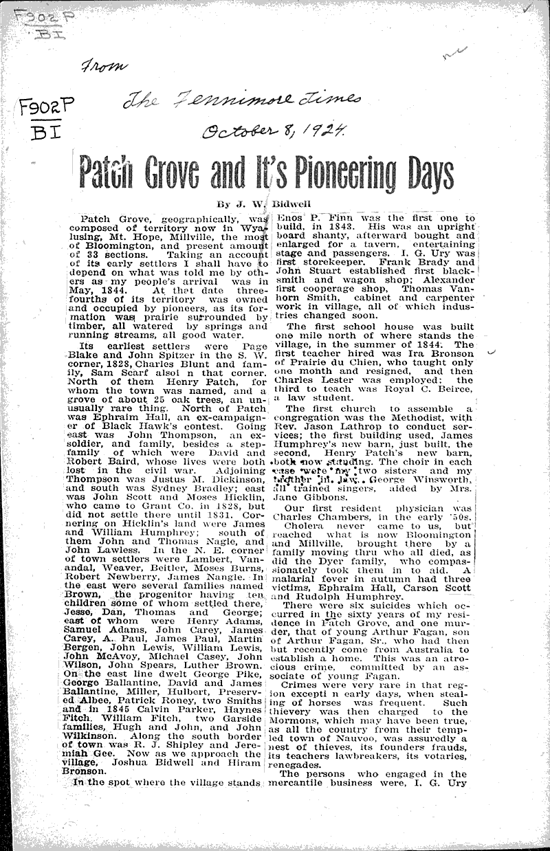 Patch Grove and its pioneering days Newspaper Article/Clipping