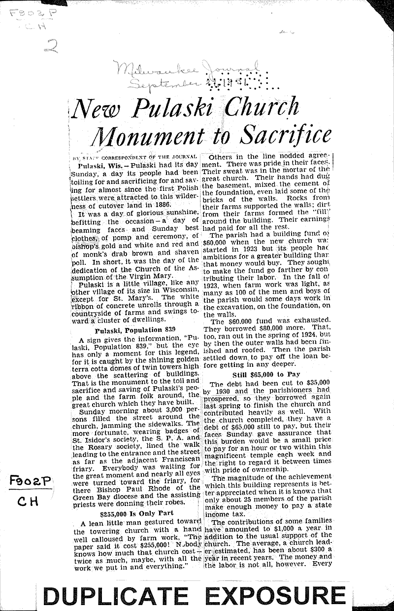  Source: Milwaukee Journal Topics: Church History Date: 1931-09-21