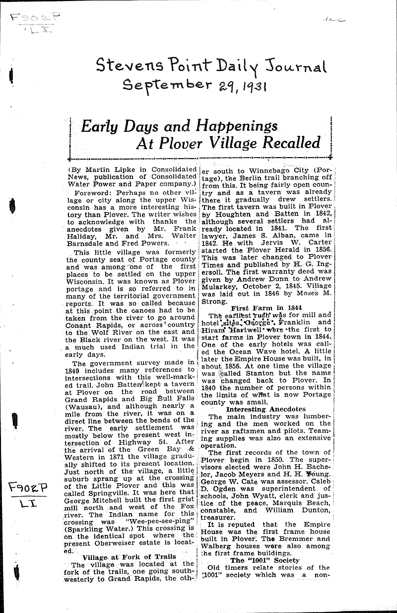 Early days and happenings at Plover Village recalled Newspaper