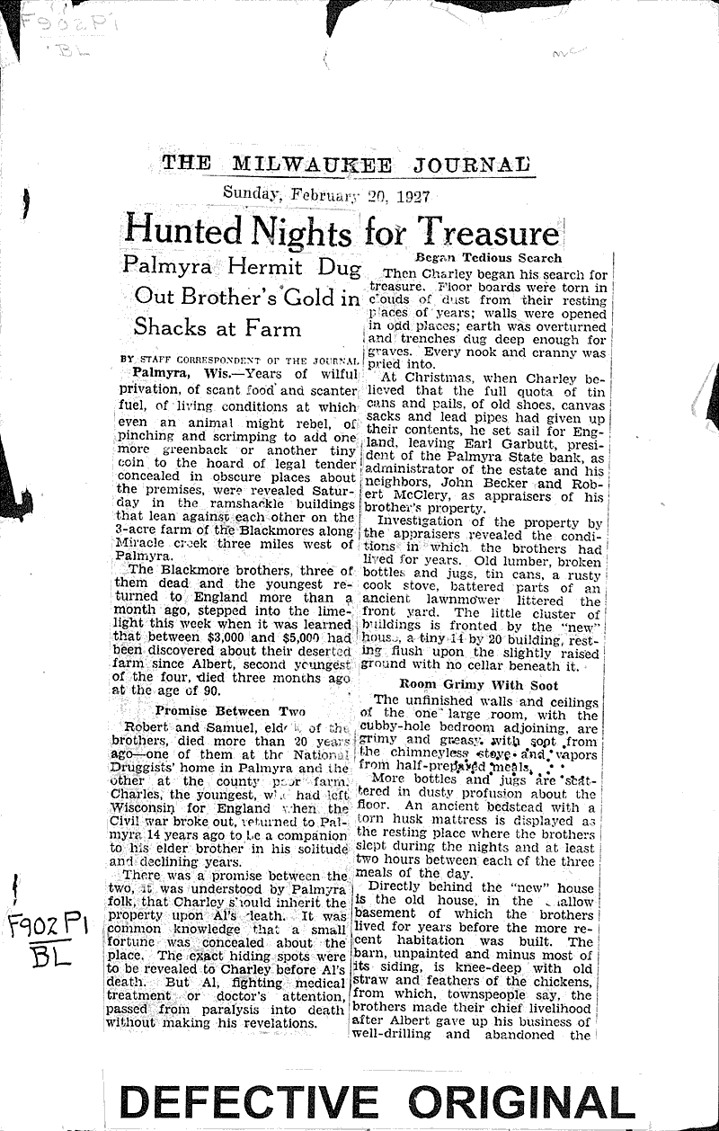 Hunted nights for treasure Source: Milwaukee Journal Date: 1927-02-20