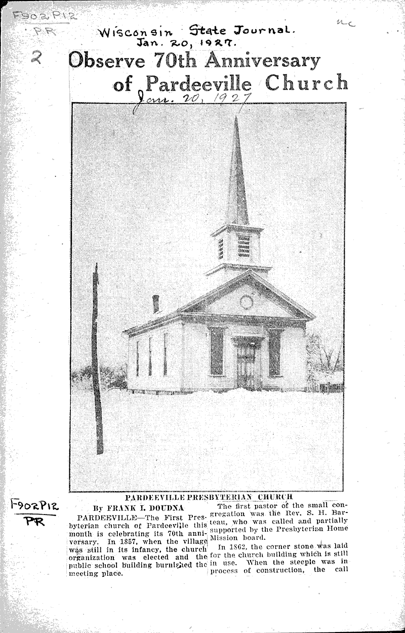 Observe 70th anniversary of Pardeeville church Newspaper Article