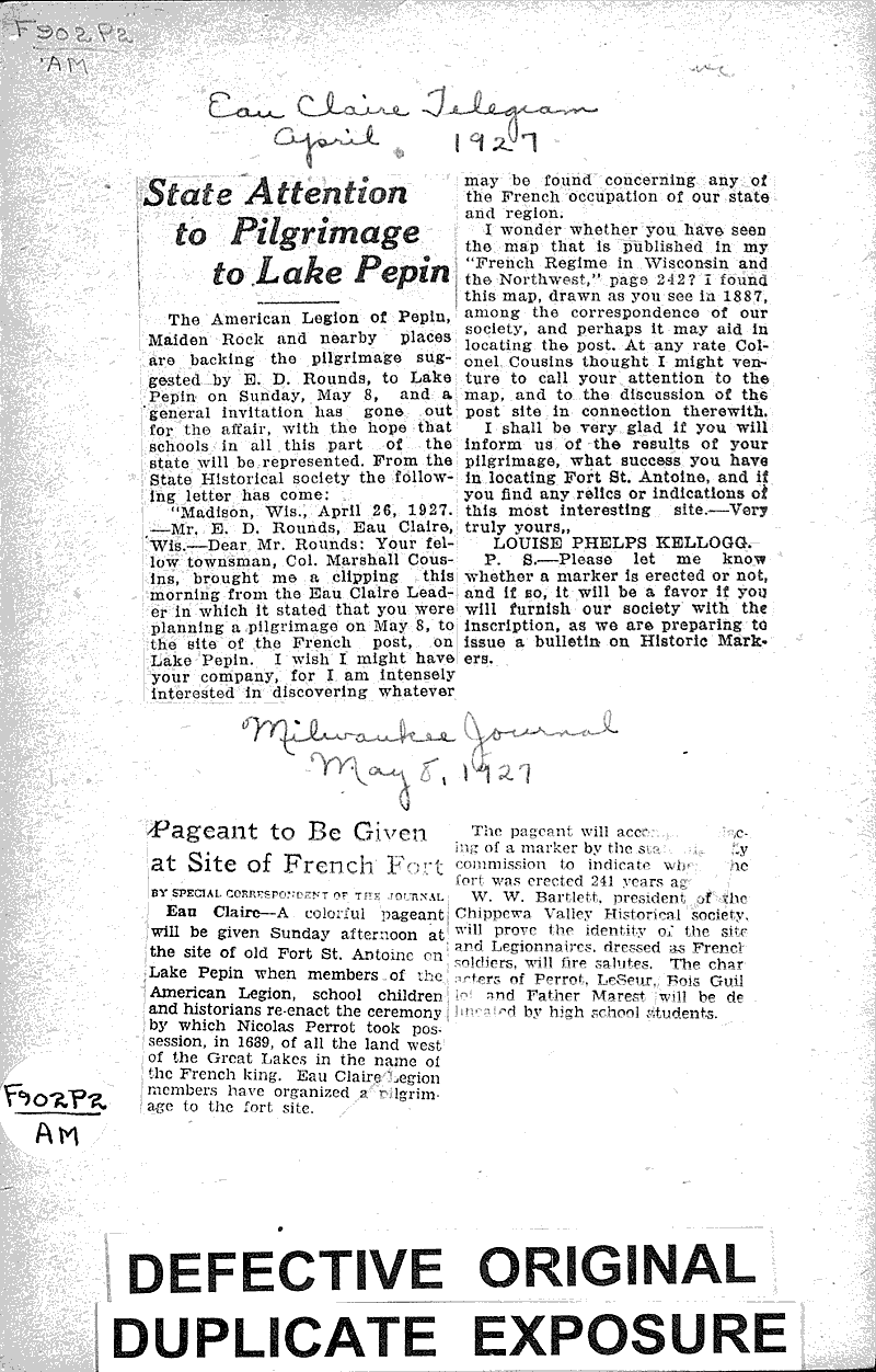 State attention to pilgramage to Lake Pepin Newspaper Article