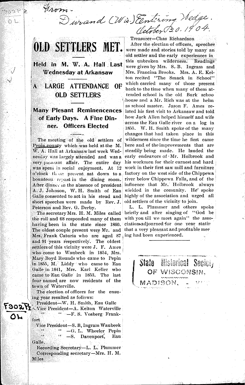 Old settlers met Newspaper Article/Clipping Wisconsin Historical Society