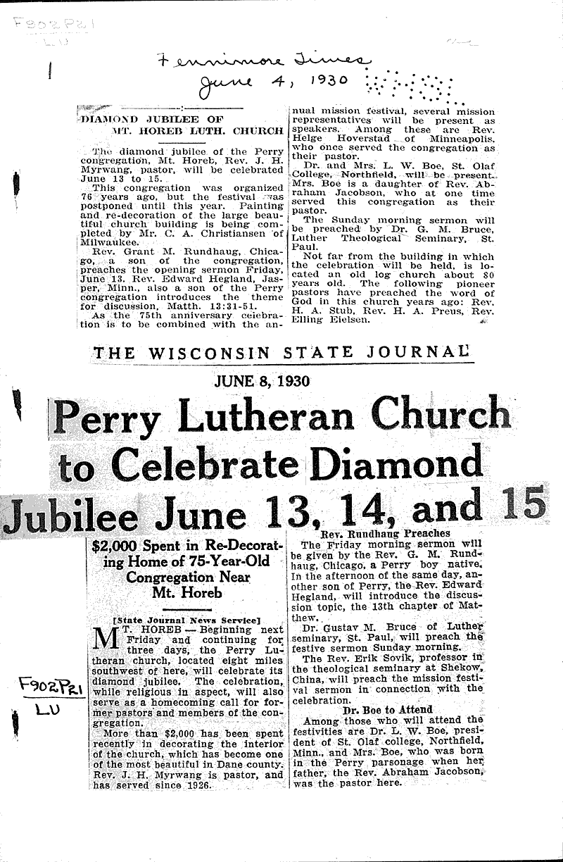  Source: Fennimore Times Topics: Church History Date: 1930-06-04