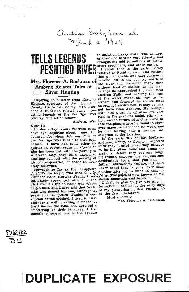 Tells legends of Peshtigo River Newspaper Article/Clipping