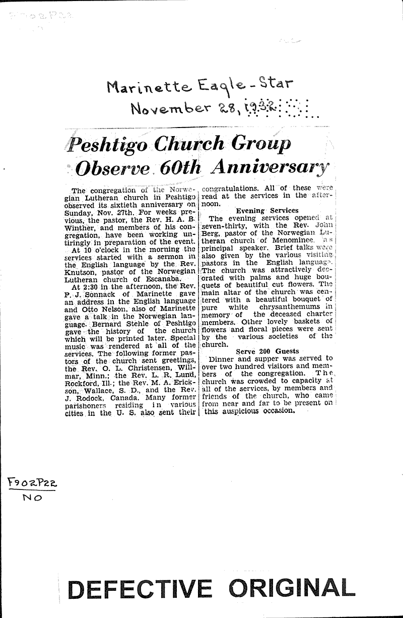 Peshtigo church group observe 60th anniversary Newspaper Article