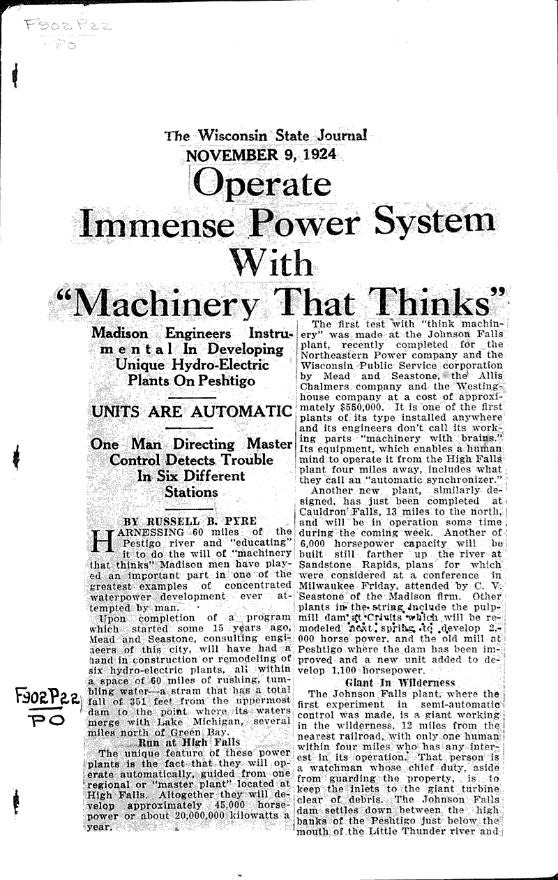  Source: Wisconsin State Journal Topics: Industry Date: 1924-11-09