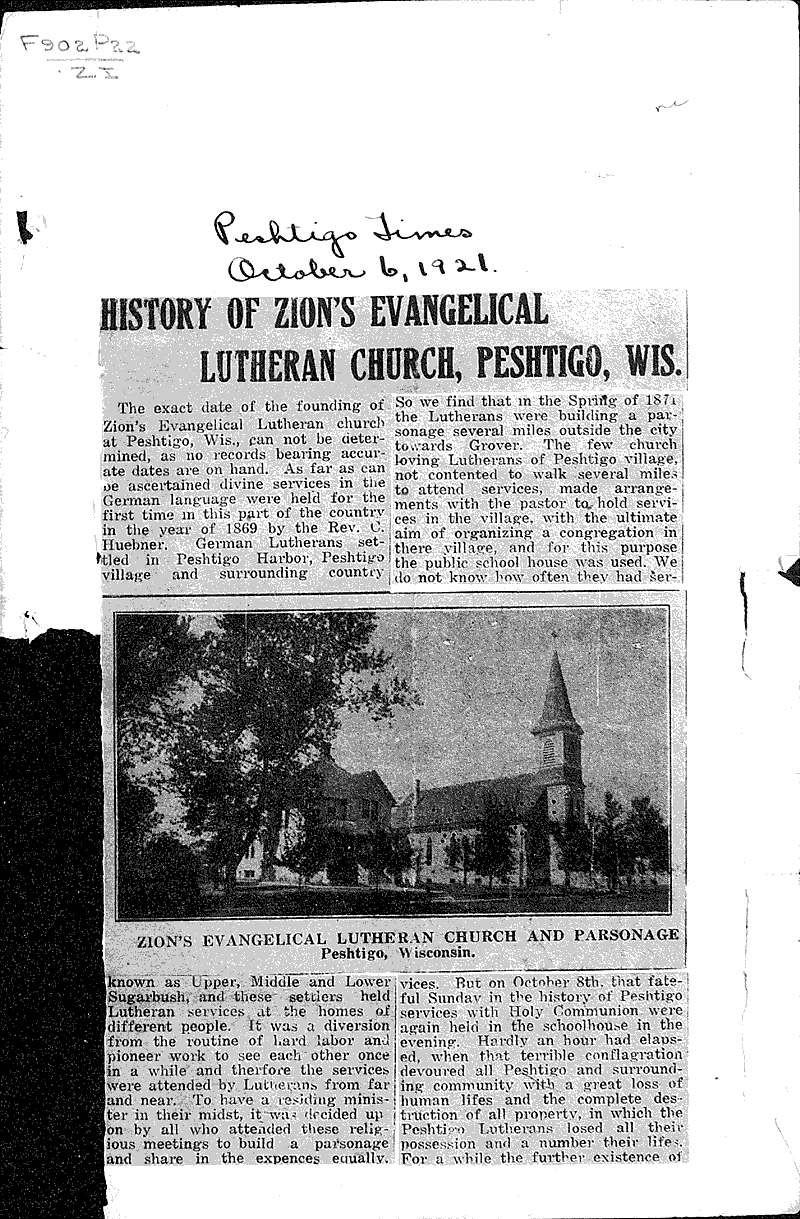 History of Zion's Evangelical Lutheran Church, Peshtigo, Wis